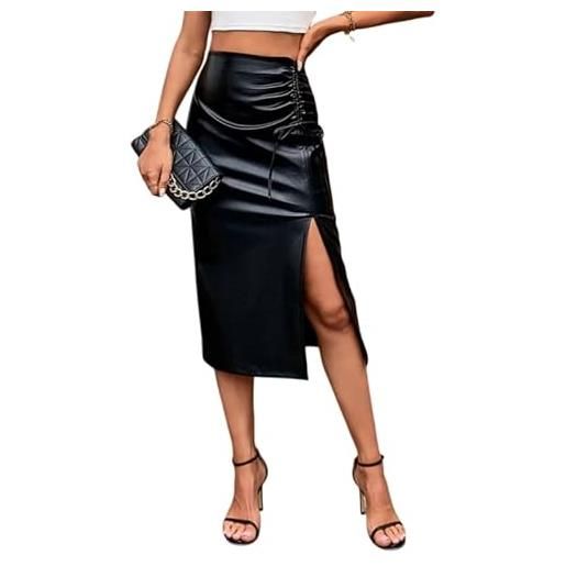 KIJSKKOPO gonna midi in similpelle nera da donna, gonna a tubino con spacco laterale, a vita alta, sexy, aderente, in similpelle, a trapezio, sotto il ginocchio, per l'ufficio, da indossare tutti i