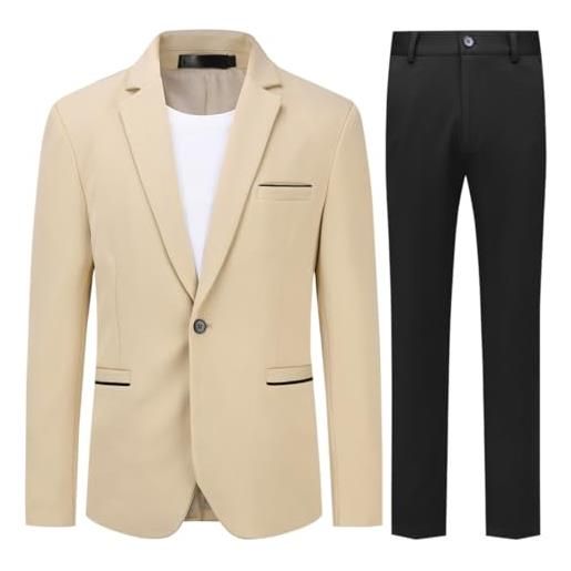 Allthemen abito da uomo 2 pezzi completo slim fit da uomo tuta con un bottone da sposa elegante cachi (nero pantaloni) m