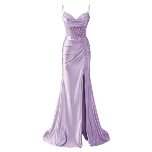 AHERKLL abiti da damigella d'onore con spalline sottili appliques in pizzo abiti da ballo con fessura formale da sera party maxi abito ah171, lavanda, 44