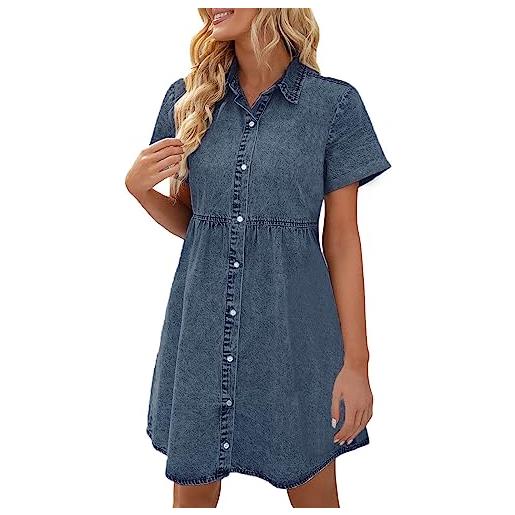 Generico abito in jeans da donna a maniche corte, abiti estivi da donna, abito in jeans da donna midi, abito elegante, con tasche, abito midi con bottoni, scollo a v