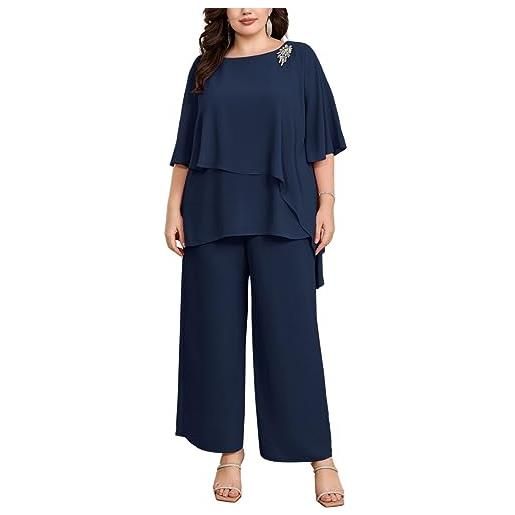 Hanna Nikole - elegante completo da sera per donna, taglia grande, set di 2 pezzi, abito da cocktail, per feste, pantaloni festivi, camicia in georgette a due pezzi e pantaloni a vita alta, blu scuro