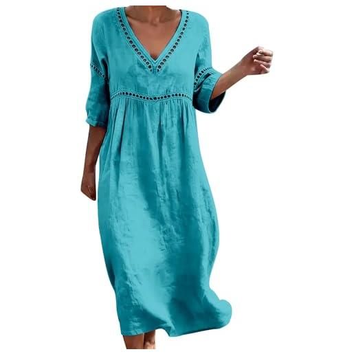 Generico abito lino donna estivo senza maniche boho chic abiti vacanza comodo taglie forti vestito lungo in cotone scollo a v largo vestiti da tinta unita morbido e traspiranti per mare spiaggia