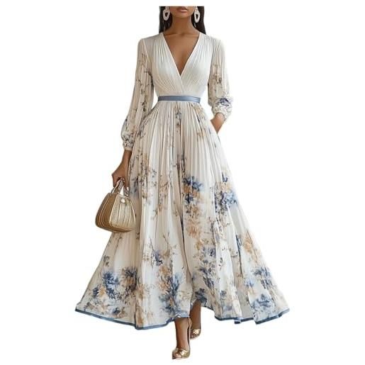 Generico vestito donna manica lunga - abito donna stampati scollo a v, abiti lungo casual raffinato - dress for women vintage adatto per la primavera bianco m