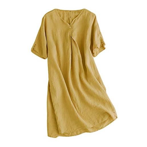 FTCayanz donna vestiti estivi scollo v manica corta sciolto casual vestito dress in lino giallo l