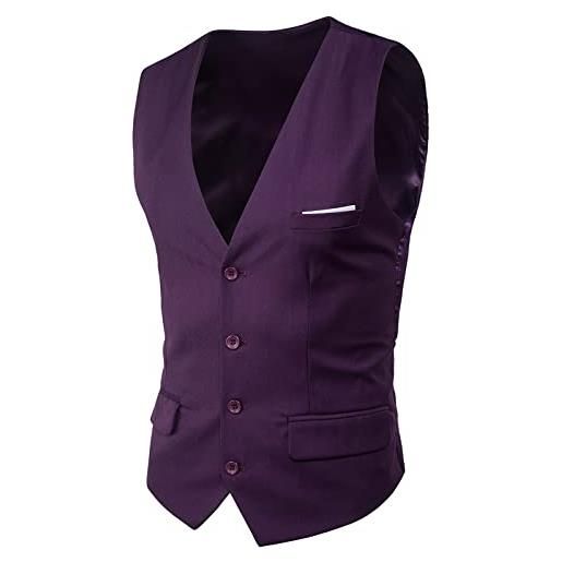 Fulidngzg gilet uomo elegante da lavoro coreano slim fit colletto v bottoni tasche finte senza maniche panciotto cotone casual per sportivo cerimonie ufficio eventi e occasioni formali, viola, 6xl