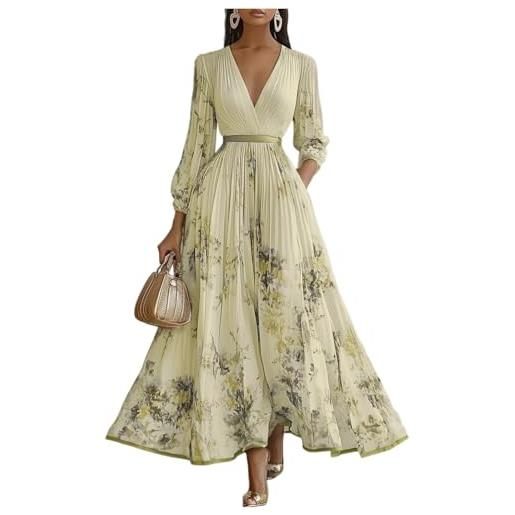 Generico vestito donna elegante manica lunga - abito donna scollo a v stampati, vestiti lungo affascinante unico - dress for women vintage adatto per la primavera giallo m