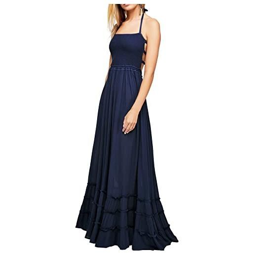 R.Vivimos donna estate mezze collo senza schiena abito boho maxi senza maniche abiti da spiaggia ruffle senza maniche(xl, blu navycolor)