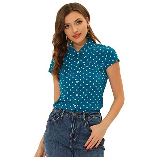 Allegra K camicia da donna vintage a maniche corte a pois, blu lago, 40