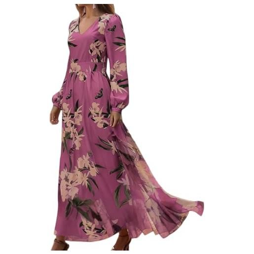 Onsoyours abito maxi donna scollo a v vestiti lungo stampa floreale vita alta cerimonia vestito elegante manica lunga curvy swing spiaggia abiti casual autunno a viola l