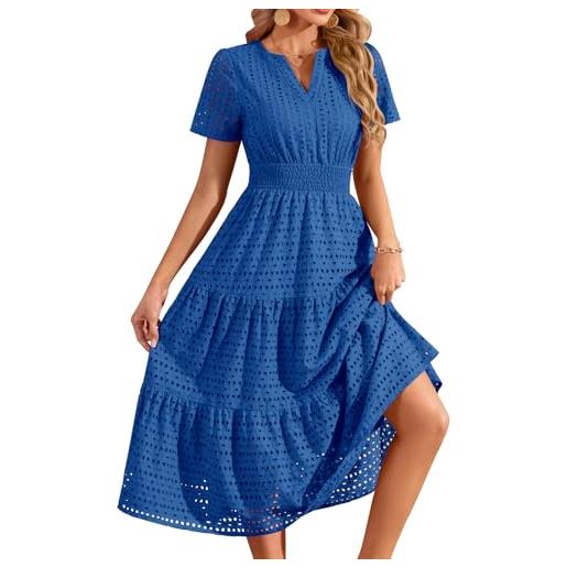 PASUDA vestiti donna estivi lunghi elegante vestito cotone scollo a v maniche corte abiti a tinta unita casual lungo abito mare da spiaggia con tasche vita elastica a linea