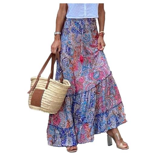 JENJON donna gonna lunga stampata casual alta vita elastica boho floreale senza maniche gonna estiva abiti da spiaggia c-multicolore s