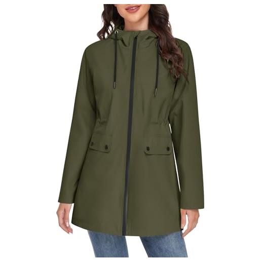 Yuson Girl cappotto primaverile donna lungo cappotto mezza stagione leggero giacca parka antivento elegante cappotti con cappuccio casual giubbotto per primavera estate autunno(verde militare, l)