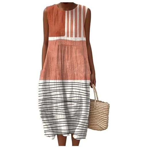 Mfhmom vestito mussola donna con pieghe in lino abito estivo boho con scollo rotondo stampa floreale vintage lunghezza al ginocchio abiti da spiaggia senza maniche vestiti leggero e traspirante