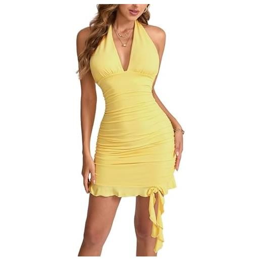 Sukiglam vestito donna elegante halter abito con scollo a v profondo senza maniche tubino corto sexy aderente vestiti con increspato mini abiti da sera estivi vestito spalle scoperte per feste club