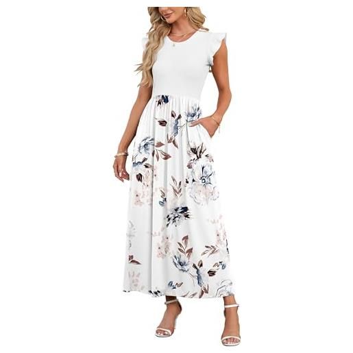 AUSELILY estate casuale collo tondo con tasche abito elegante increspature bordo maniche corte lunga del abito fiori bianchi xxxl