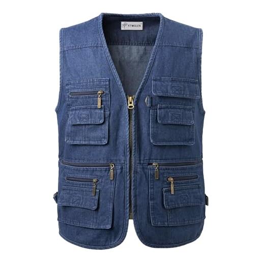 KTWOLEN gilet di jeans da uomo multi-tasca gilet moto giacca denim vintage smanicato jeans giubbino da lavoro con cerniera, blu, 4xl