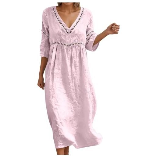 Generico abito lino donna - abito estivo a maniche a 3/4 boho chic abiti vacanza comodo taglie forti vestito lungo in cotone scollo a v largo vestiti da spiaggia tinta unita morbido e traspiranti