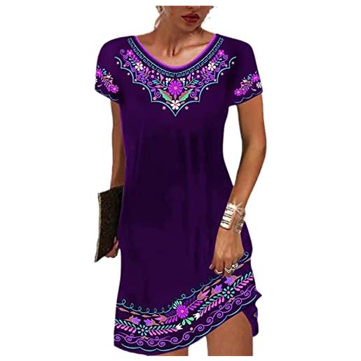 DJLORD vestito messicano ricamato donna vestito estivo donna casual manica corta vestito stampato scollo a v abiti boho-midi, lilla, l