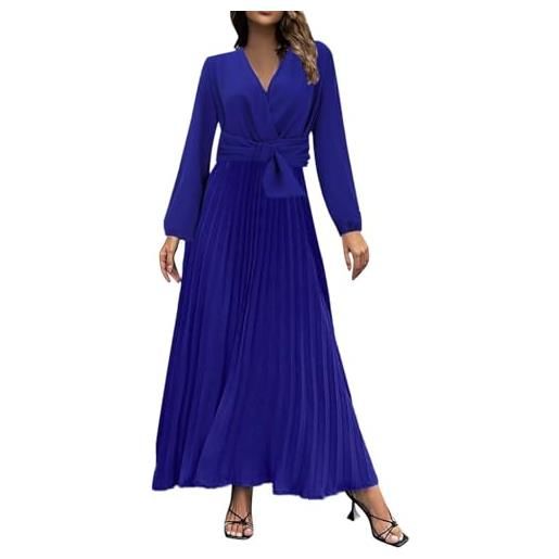 Generic autunno e inverno donna manica lunga scollo a v abito pieghe a line gonna in la gonna lunga casual lunghezza al ginocchio abiti per le donne, blu, s