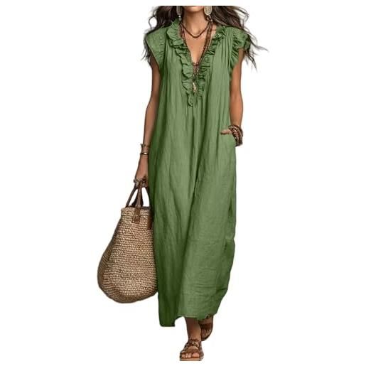 Azruma abito cerimonia donna curvy vestiti estivi donna cotone vestito lino estivo monocolore collo flying sleeve midi oscillante spiaggia boho festa vita alta per vacanze elegante