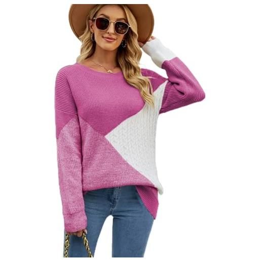 Rayson maglione donna girocollo blocco del colore pullover elegante felpa casual maglione manica lunga pullover autunnale invernali lavorato a maglia moda tops(rosa, l)