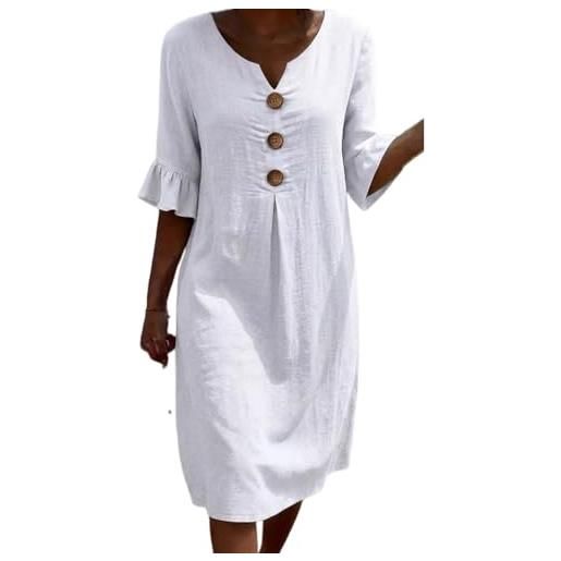 Generico abito casual con scollo a v, bottoni e maniche con volant - vestito midi estivo boho e fluido per donne plus size (white, l)