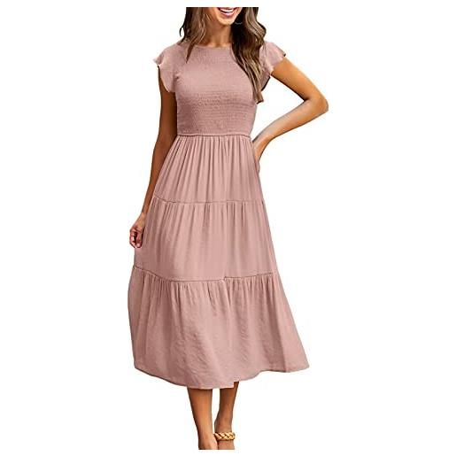 Yuson Girl vestito estivo lungo donna - abito estivo lungo collo rotondo ragazza con manica a volant vestiti casuale eleganti colori solidi abiti estivi donna lunghi(rosa, xl)