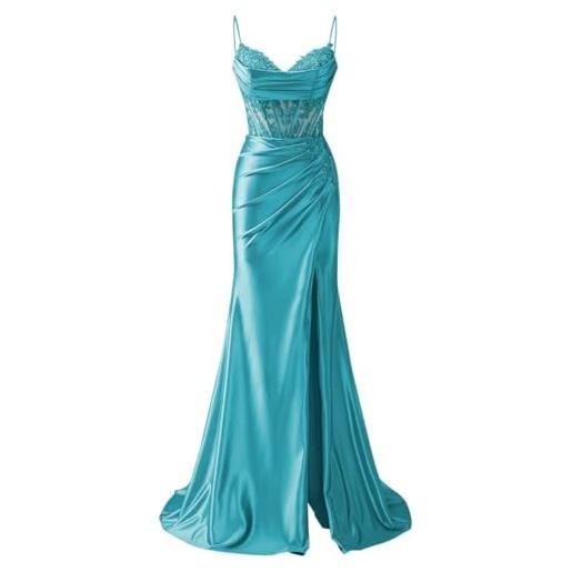 AHERKLL abiti da damigella d'onore con spalline sottili appliques in pizzo abiti da ballo con fessura formale da sera party maxi abito ah171, turchese, 50