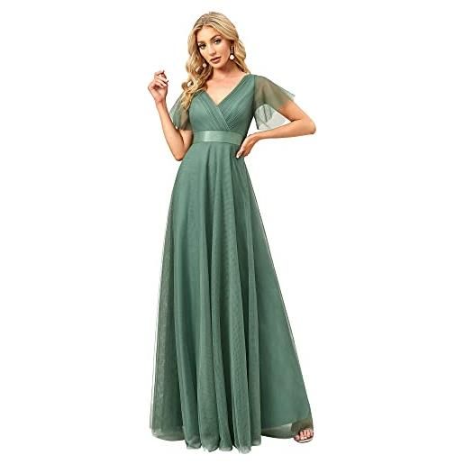 Ever-Pretty vestito da festa donna linea ad a tulle abito da sera scollo v lungo cerimonia fagiolo verde 54