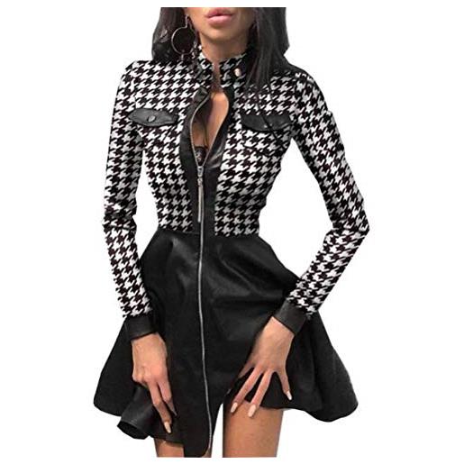 Onsoyours abiti donna moda scollo a v manica lunga in pizzo patchwork mini abito con cerniera abito in pelle aderente cocktail vestito eleganti festa swing dress