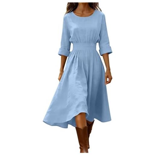 Lovraj abito in lino, da donna, a maniche lunghe, in cotone, leggero, in lino, tinta unita, linea ad a, per il tempo libero, con tasche, traspirante, scollo rotondo, azzurro, m
