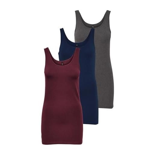 ONLY onllive love long tank noos top da donna, confezione da 3 (dark grey melange, pageant blue, port royale), xl