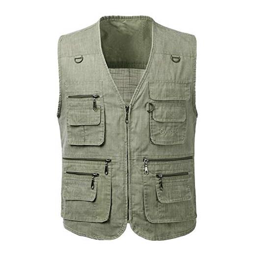 KTWOLEN gilet da pesca da uomo con 16 tasche veste leggero traspirante panciotto ad asciugatura rapida per la fotografia di pesca in campeggio camping, verde, xxl