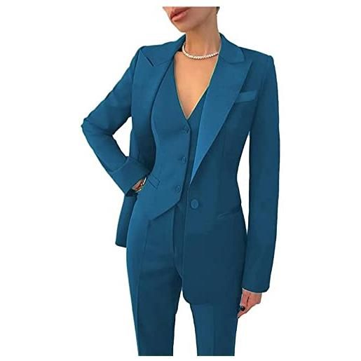 Leader of the Beauty - completo da donna con rever a punta, 3 pezzi, abito da ufficio per signora, abito da lavoro, completo con pantaloni, abito da cerimonia, blu, m