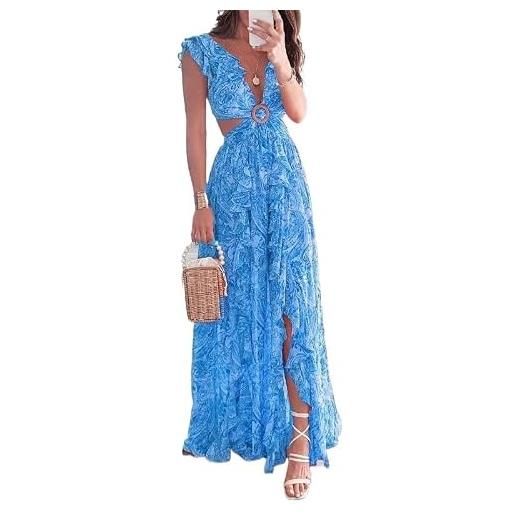 Generale abito maxi stampato scollo v profondo donna, vita ritagliata maniche volant spacco laterale vacanze spiaggia(blue, xl)