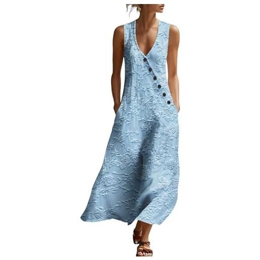 Generico vestito floreale donna estivo senza maniche in misto lino vestiti mare boho da spiaggia abito elegante lungo con scollo a v e bottoni abiti casual curvy leggero per vacanze viaggio uscite, celeste, m