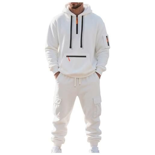 RIZUNTO uomo completo sportivo: giacca con felpa cappuccio cerniera e pantaloni della tuta con tasche, tuta da jogging, bianco, m