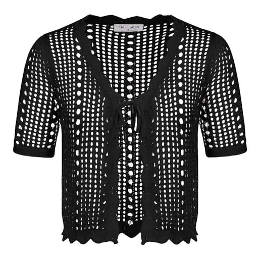 Kate Kasin bolero da donna, casual, estivo, corto, cardigan all'uncinetto | scollo a v, maniche corte, allacciatura anteriore, orlo ondulato, lavorato a maglia, elasticizzato, per spiaggia