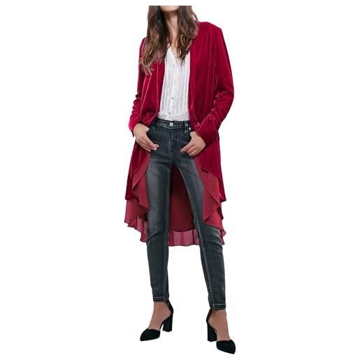R.Vivimos autunno inverno donne velluto ruffle cappotto casual vintage giacca lunga collarless classico swallowtail hem blazer(xl, vino rosso)