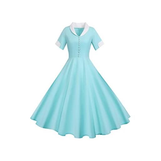 OMZIN abiti da cocktail vintage anni '50 a tinta unita da donna abito a manica corta con colletto a mantello rockabilly azzurro m