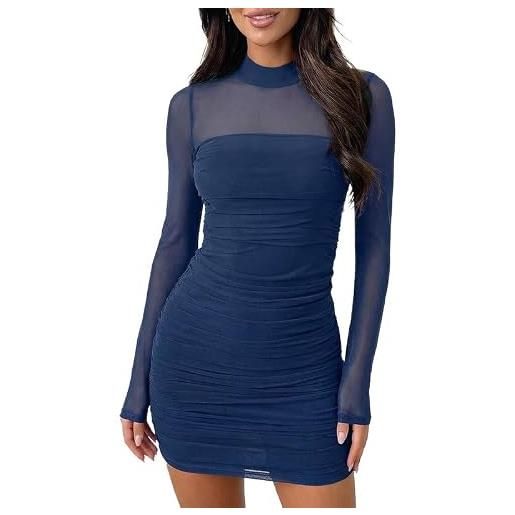 Sukiglam vestito donna elegante maniche lunghe collo alto sexy mini abito a rete trasparente casual vestito corto autunno inverno tubino aderente con arricciatura per festa discoteca sera cocktail