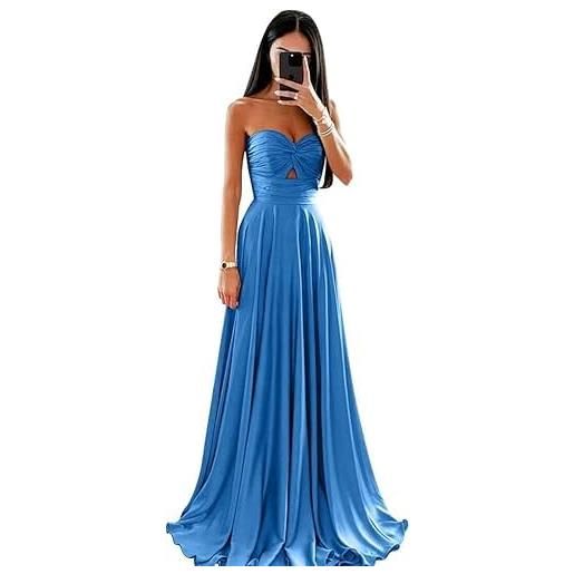 Generic abito da sera lungo da donna, in raso, senza spalline, da damigella d'onore, a trapezio, con volant. , blu, xs