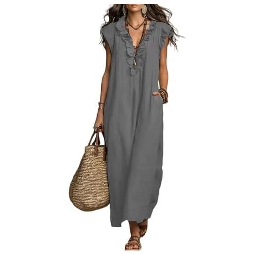 Generic maxi abito estivo da donna in lino — casual, comodo e fluido — scollo a v con volant, senza maniche, vestibilità ampia, con tasche