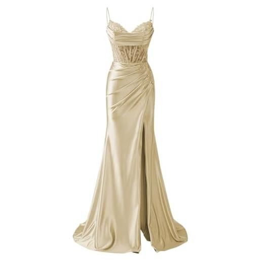 AHERKLL abiti da damigella d'onore con spalline sottili appliques in pizzo abiti da ballo con fessura formale da sera party maxi abito ah171, champagne, 42