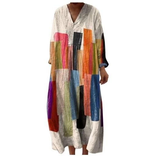 Generico vestito lino donna primavera abito lungo boho chic scollo a v maniche lunghe, maxi abito floreale vintage con tasche mare spiaggia vacanza taglie forti curvy elegante moda 2026 chic