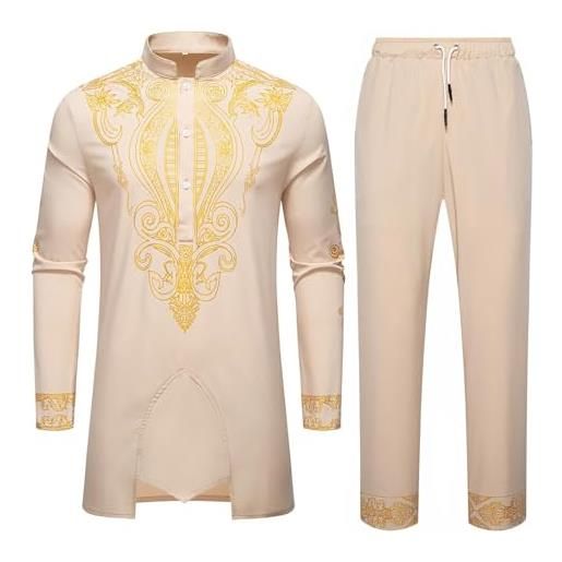 RUMAOZIA africano uomo vestito uomo musulmano caftano uomo middle east thobe con pantaloni dubai arab abbigliamento costume islamico dashiki abiti africani 2 pezzi vestito tradizionale, q khaki, l
