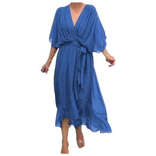 Generic stylosissimo e elegante abito maxi con scollo a v, abito lungo in chiffon fluido, abito maxi da sera per feste estive, abito da ospite per matrimonio da donna, blu, m
