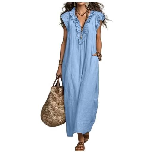 Azruma vestiti donna estivi prendisole donna estivo cotone vestito cerimonia monocolore collo flying sleeve midi oscillante spiaggia boho festa vita alta per vacanze abiti