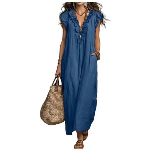 Generico vestito donna estivo scollo a v senza maniche lino tinte unite - abbigliamento donna estivo vestito larghi traspirante morbido, summer dress spiaggia party marina xl