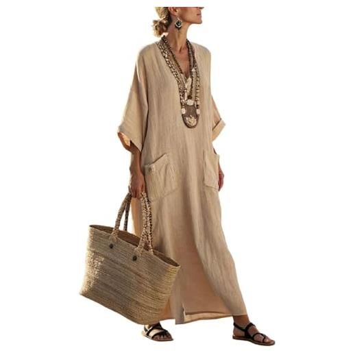 Generico abito lungo estivo donna lino elegante vestito boho chic vintage cerimonia maxi vestiti cotone e lino comoda scollo a v prendisole mare spiaggia vacanza traspirante abbigliamento con taschen